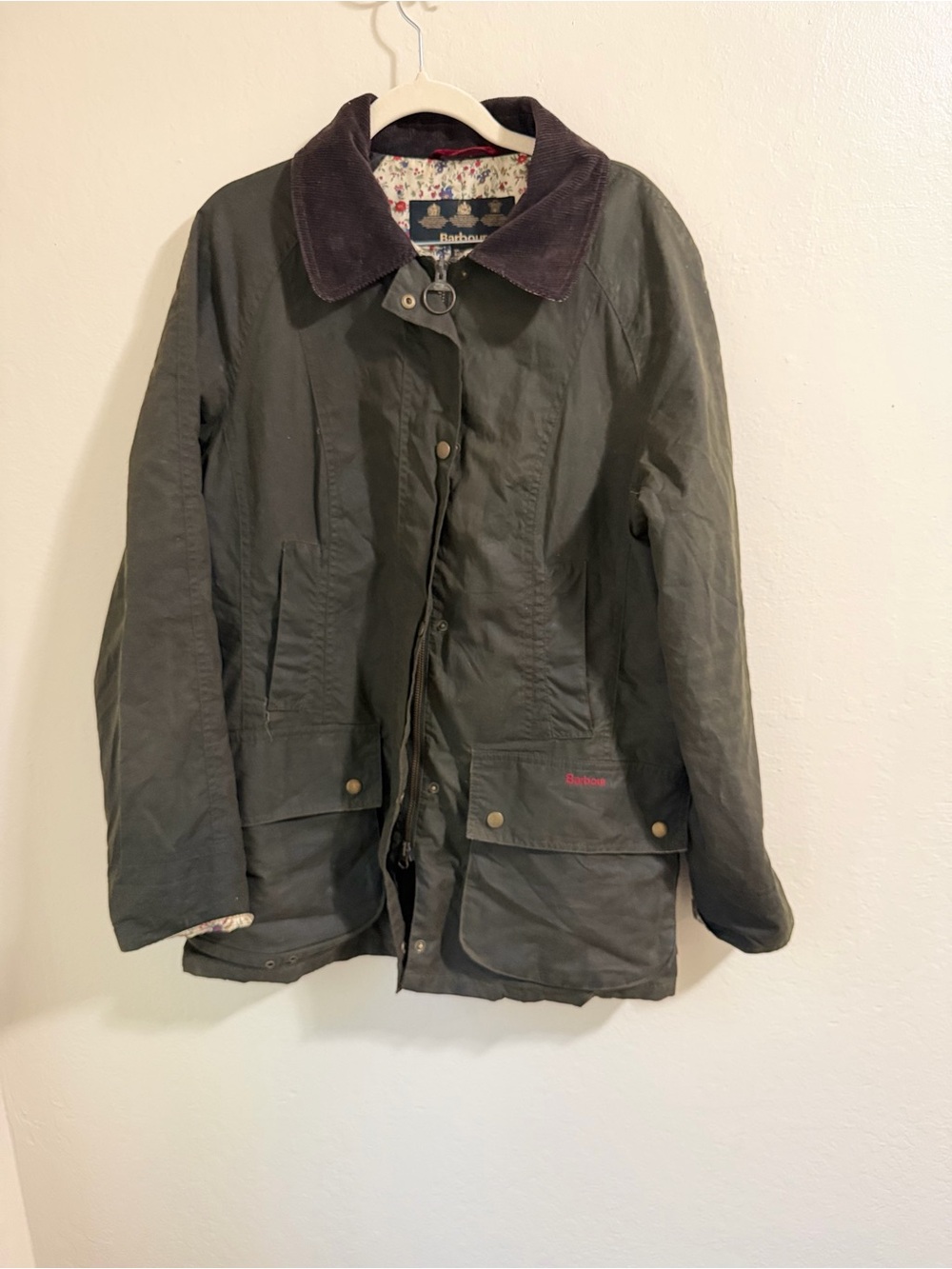 Barbour Liberty Beadnell Wax Jacket Size 10 Olive Green Floral Print As-Is